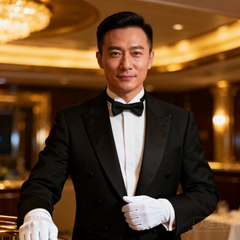 公海贵宾会首席礼宾官陈泓宇先生身着黑色礼服，佩戴白色手套，展现顶级礼宾服务的专业形象